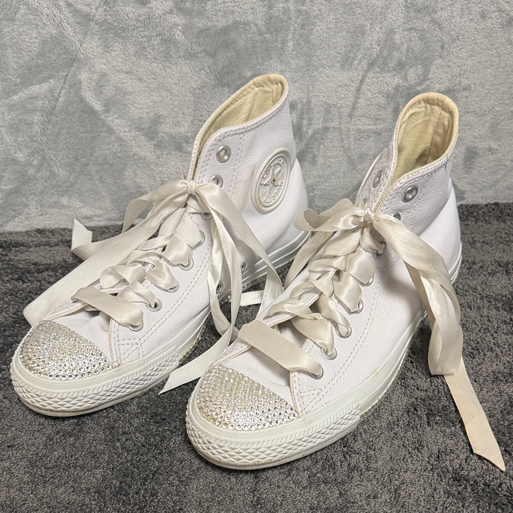 Custom White Converse High Tops Swarovski Crystal Encrusted Women’s 9